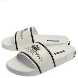 Pre Owned Dolce & Gabbana White Leather Crown Logo Slip On Slides Size 40