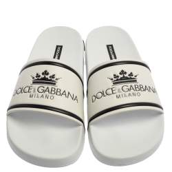 Pre Owned Dolce & Gabbana White Leather Crown Logo Slip On Slides Size 40