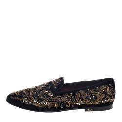 مملوكة مسبقًا Dolce & Gabbana Black Suede Embellished Smoking Slippers Size 44