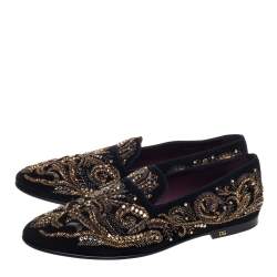 مملوكة مسبقًا Dolce & Gabbana Black Suede Embellished Smoking Slippers Size 44