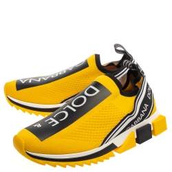 Dolce & Gabbana Yellow/Black Stretch Fabric Jersey Logotape Print Slip On Sneakers Size 42