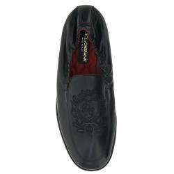 Pre Owned Dolce & Gabbana Black Calfskin Leather DG Coat Of Arms Embroidery Loafers Size IT 40
