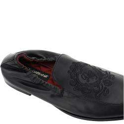 Pre Owned Dolce & Gabbana Black Calfskin Leather DG Coat Of Arms Embroidery Loafers Size IT 40