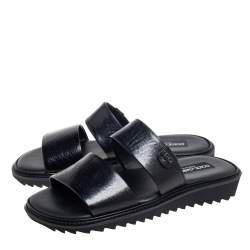 Pre Owned Dolce & Gabbana Black Leather Flat Slides Size 39