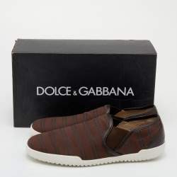 Pre Owned Dolce & Gabbana Brown Stripe Canvas Slip On Sneakers Size 44