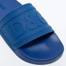 Pre Owned Dolce & Gabbana Blue Rubber DG Logo Slides Size 41