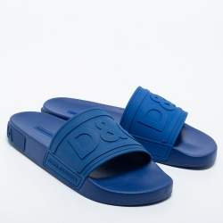 Pre Owned Dolce & Gabbana Blue Rubber DG Logo Slides Size 41