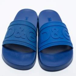 Pre Owned Dolce & Gabbana Blue Rubber DG Logo Slides Size 41