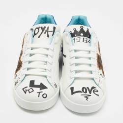 Pre Owned Dolce & Gabbana White Portofino Leather Printed Sneakers Size 42.5