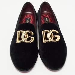 Pre Owned Dolce & Gabbana Black Velvet DG Logo Smoking Slippers Size 41
