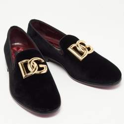 Pre Owned Dolce & Gabbana Black Velvet DG Logo Smoking Slippers Size 41