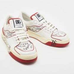Pre Owned Dolce & Gabbana Red/White Printed Leather New Roma Low-Top Sneakers Size 46