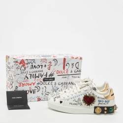 Pre Owned  Dolce & Gabbana Dolce & Gabbana White Leather Pearl And Stud Embellished Lace Up Sneakers Size 43.5