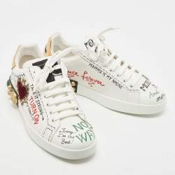 Pre Owned  Dolce & Gabbana Dolce & Gabbana White Leather Pearl And Stud Embellished Lace Up Sneakers Size 43.5