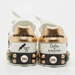 Pre Owned  Dolce & Gabbana Dolce & Gabbana White Leather Pearl And Stud Embellished Lace Up Sneakers Size 43.5