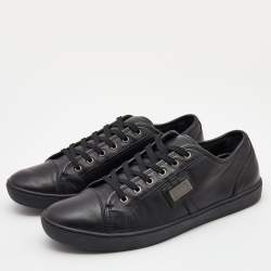 Pre Owned Dolce & Gabbana Black Leather Logo Plaque Low Top Sneakers Size 44
