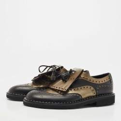 Pre Owned Dolce & Gabbana Black/Green Studded Leather Brogue Detail Fringe Oxfords Size 41