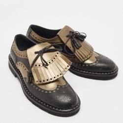 Pre Owned Dolce & Gabbana Black/Green Studded Leather Brogue Detail Fringe Oxfords Size 41