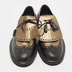 Pre Owned Dolce & Gabbana Black/Green Studded Leather Brogue Detail Fringe Oxfords Size 41