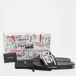 Pre Owned Dolce & Gabbana Black Rubber DG Logo Beachwear Flat Slides Size 44