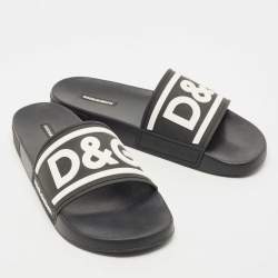 Pre Owned Dolce & Gabbana Black Rubber DG Logo Beachwear Flat Slides Size 44