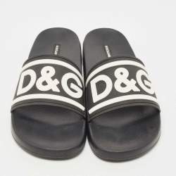 Pre Owned Dolce & Gabbana Black Rubber DG Logo Beachwear Flat Slides Size 44