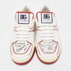 Pre Owned Dolce & Gabbana Red/White Printed Leather New Roma Low-Top Sneakers Size 41