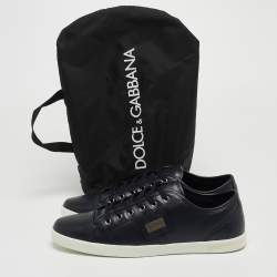 Pre Owned Dolce & Gabbana Navy Blue Leather Logo Plaque Sneakers Size 44