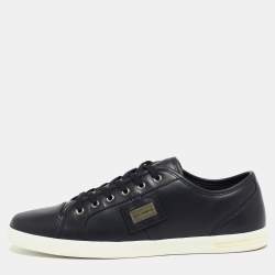 Pre Owned Dolce & Gabbana Navy Blue Leather Logo Plaque Sneakers Size 44