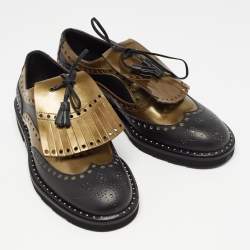 Dolce & Gabbana Black/Green Brogue Leather Fringe Oxfords Size 41