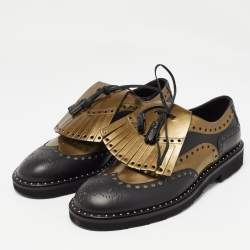 Dolce & Gabbana Black/Green Brogue Leather Fringe Oxfords Size 41