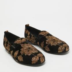 Pre Owned Dolce & Gabbana Black/Gold Velvet Floral Young Pope Smoking Slippers Size 43
