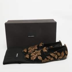 Pre Owned Dolce & Gabbana Black/Gold Velvet Floral Young Pope Smoking Slippers Size 43