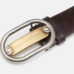 Pre Owned Dolce & Gabbana Dark Brown Leather Oval Logo Buckle Belt 95CM