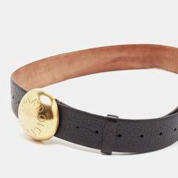 Pre Owned Dolce & Gabbana Black Leather Round Logo Plague Belt 95 CM