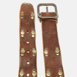Pre Owned Dolce & Gabbana Dark Brown Leather Vintage Studded Buckle Belt 95CM