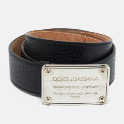 Pre Owned Dolce & Gabbana Black Leather Logo Plaque Buckle Belt 85 CM
