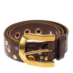 Pre Owned Dolce & Gabbana Brown Leather Gold Grommet Belt Size 95