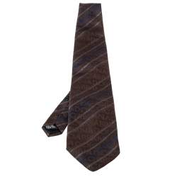 Pre Owned Dolce & Gabbana Brown Logo Silk Striped Tie 