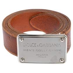 Pre Owned Dolce & Gabbana Brown Ombre Leather Logo Plaque Belt 95CM