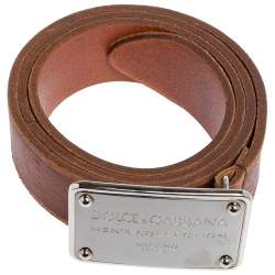 Pre Owned Dolce & Gabbana Brown Ombre Leather Logo Plaque Belt 95CM