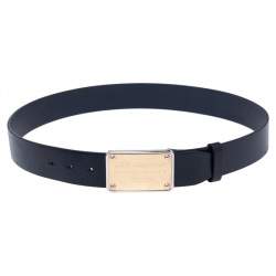 Pre Owned Dolce & Gabbana Navy Blue Leather Logo Plaque Belt 95 CM