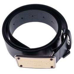 Pre Owned Dolce & Gabbana Navy Blue Leather Logo Plaque Belt 95 CM