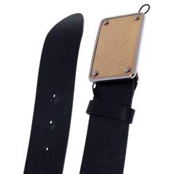 Pre Owned Dolce & Gabbana Navy Blue Leather Logo Plaque Belt 95 CM