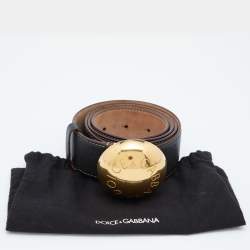 Pre Owned Dolce & Gabbana Black Leather Round Logo Plague Belt 95 CM