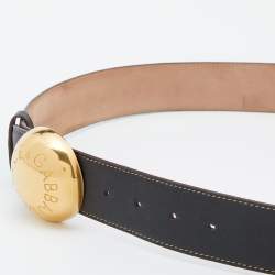 Pre Owned Dolce & Gabbana Black Leather Round Logo Plague Belt 95 CM