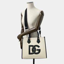 Dolce&Gabbana Natural/Black Canvas Leather Logo 2Way Tote Bag