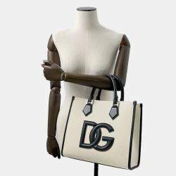 Dolce&Gabbana Natural/Black Canvas Leather Logo 2Way Tote Bag