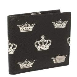 Dolce & Gabbana Black/White Crown Print Leather Bifold Wallet