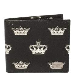 Dolce & Gabbana Black/White Crown Print Leather Bifold Wallet